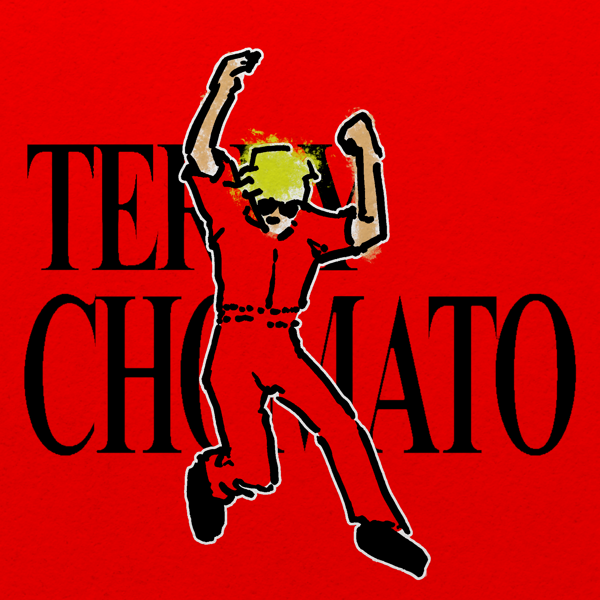 Red EP cover. Black text that says TERRY CHOMATO with a drawing of a guy dancing in front of it.